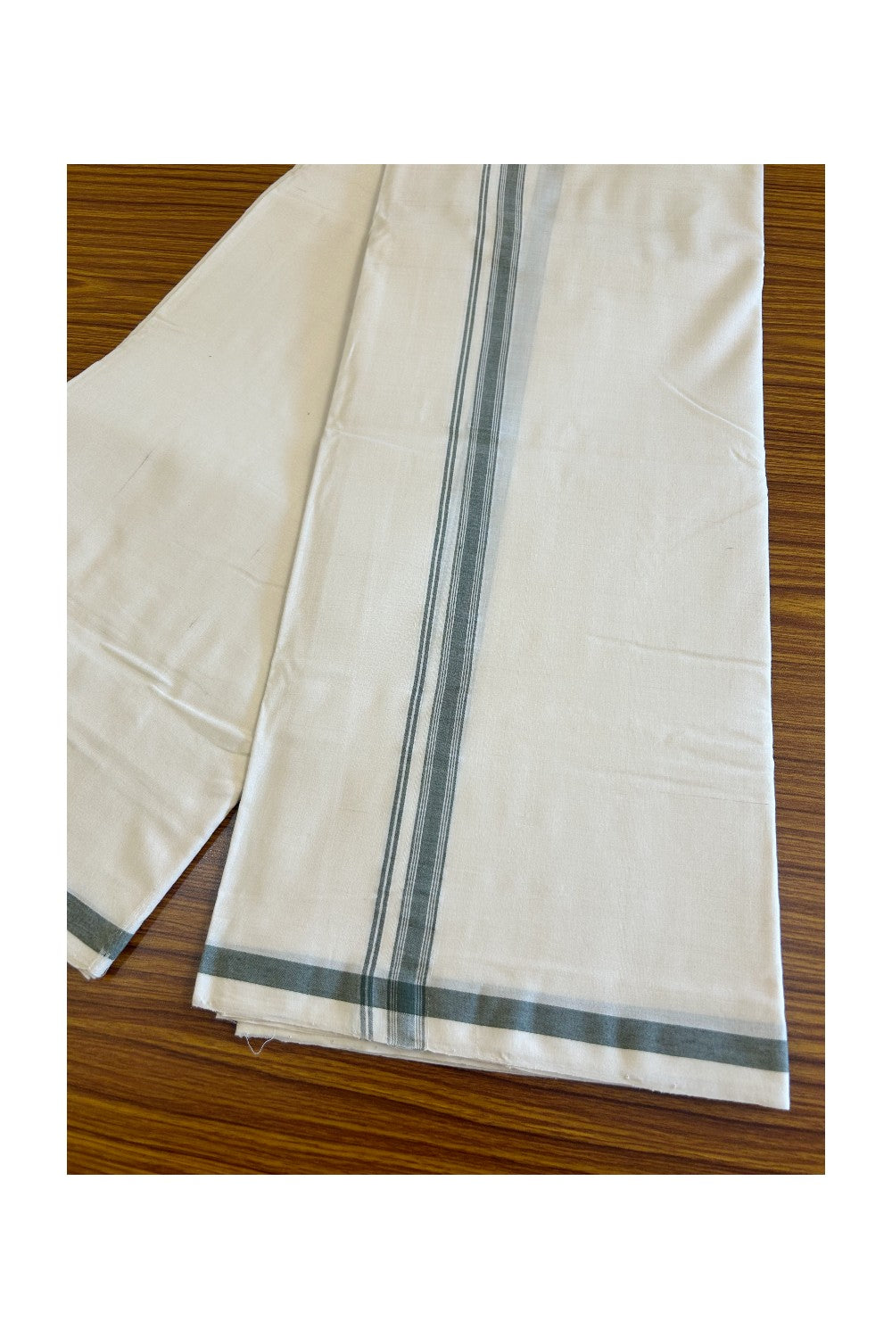 120X120 PREMIUM Kaitharikada Exclusive - 25% DISCOUNT! BALARAMAPURAM HANDLOOM Unakkupaavu - 100% PURE Cotton Double Mundu/Dhoti OFF WHITE - (Unbleached) - 1 inch Green Striped Kara - 8KK477KAL