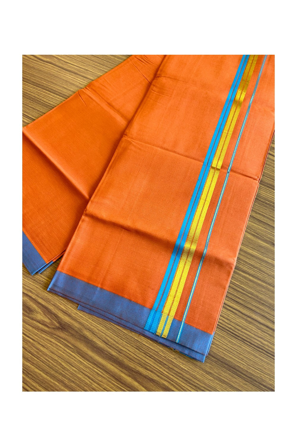 Kaitharikada Soft Cotton - Kaily / Lungi - 1.75 inch Blue green & kasavu striped kara with KAAVI colour body - 8KK492RAM