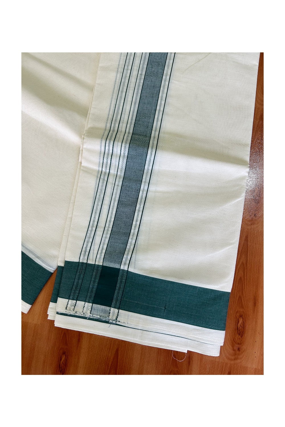 Panchakacham Dhoti - 36% Discount KaithariKada 100% Cotton Off White - (Unbleached)- Pure Cotton - 100x100 thread - North Indian Attached Gamcha 9X5 Dhoti Dark Green Striped 2.75 inch kara - 8KK5004PMC