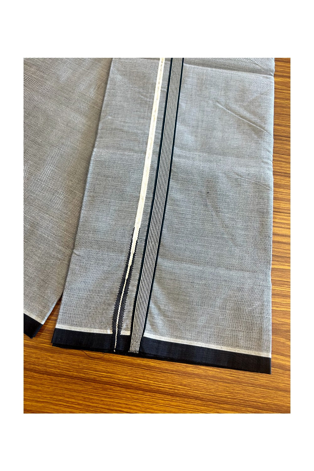 33% Discount !! KaithariKada 100% Pure Cotton - Colour Mundu Single Mundu/ Dhothi Ash Grey COLOUR BODY & Black Striped Silver Chutty 1.25 inch Kara - 1.92 mtr & Above 2 mtr (2 metre / 4 muzham) - 8KK5030ASH