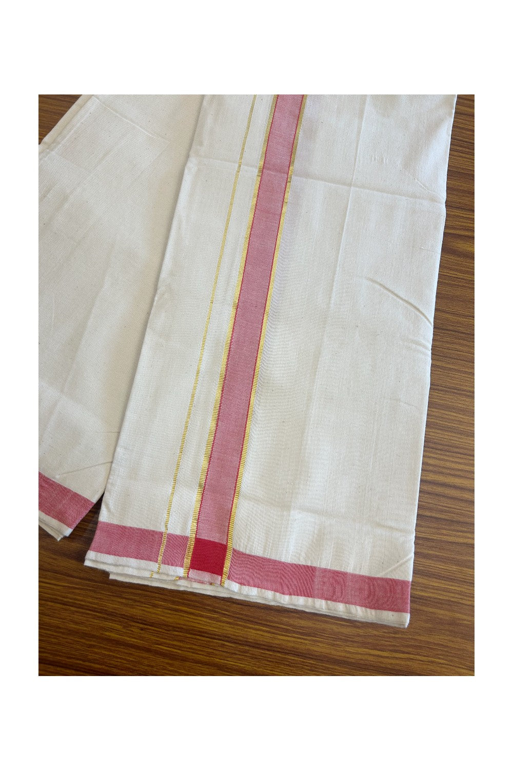 25% KaithariKada 100% PURE Cotton Balaramapuram HANDLOOM off white (Unbleached) Single Mundu/Dhoti - 2 inch Gold Kasavu & Red Kara(2 meter / 4 muzham) - 79