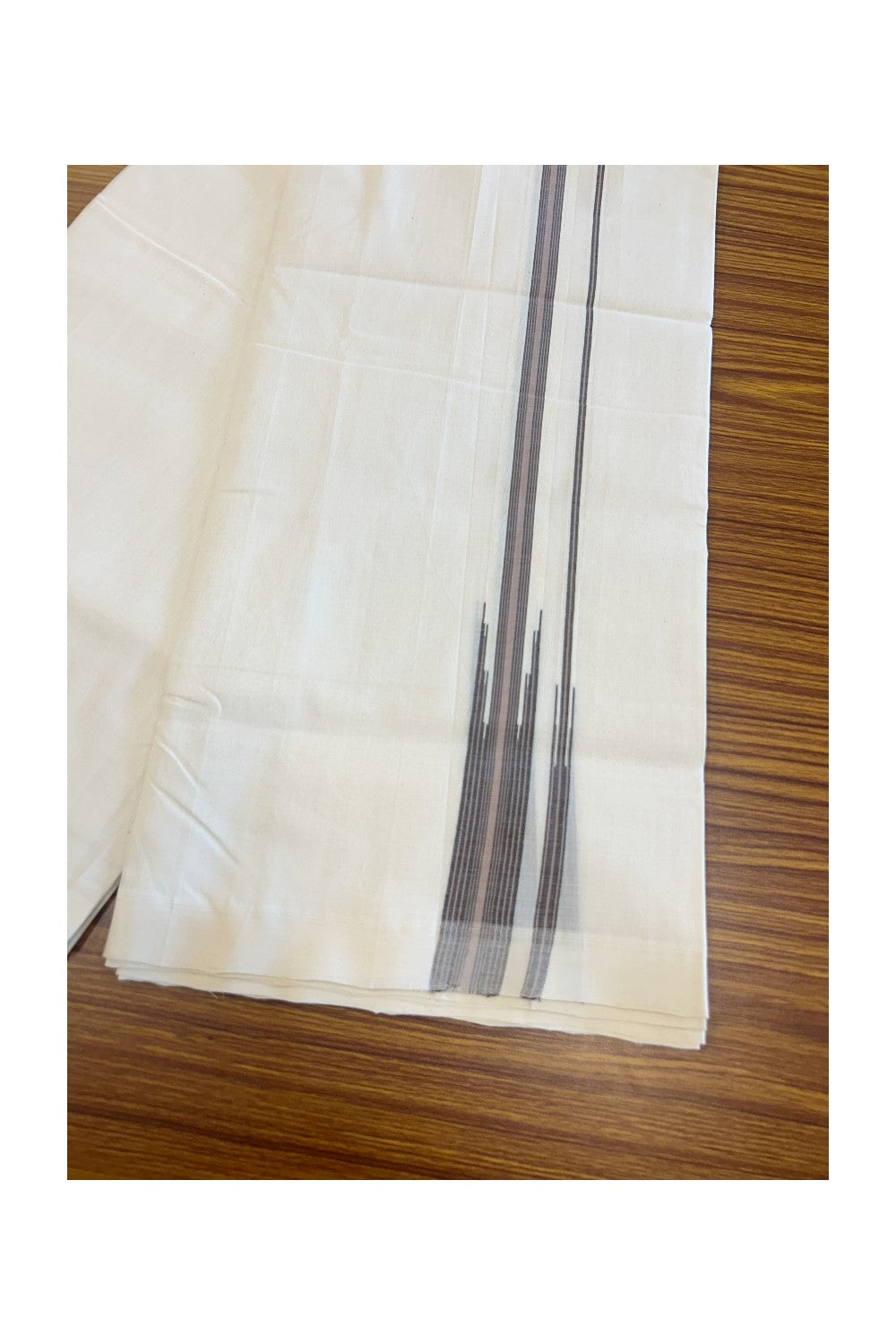 25% DISCOUNT!! KaithariKada HANDLOOM UNAKKUPAAV Balaramapuram - 100% PURE Cotton OFF White Double - (Unbleached) Mundu/Dothi - 1.25 inch Puliyilakkara Black & Dusty Rose Stripes Double chutty Kara - 8KK5049REA