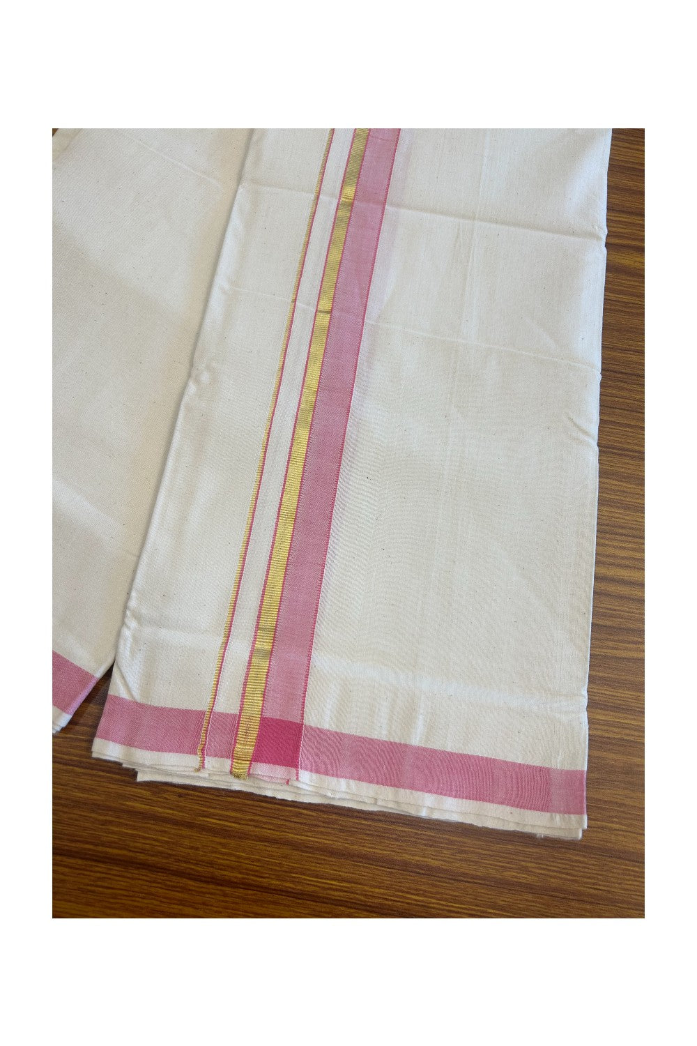 25% Discount KaithariKada 100% Cotton Balaramapuram HANDLOOM Single Mundu/Dhoti - Off White (Unbleached) 1.75inch (2 meter / 4 muzham) Pink & Kasavu Kara Stripes- 311