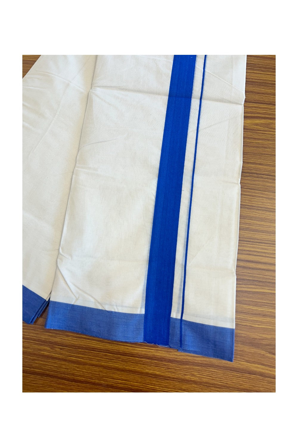 33% Discount! KaithariKada Balaramapuram 100% Cotton Double Off white - (Unbleached) - Mundu/Dhoti- 100x80 - 2inch Deep Blue Kara 3.75 mtr (8 Muzham) - 133
