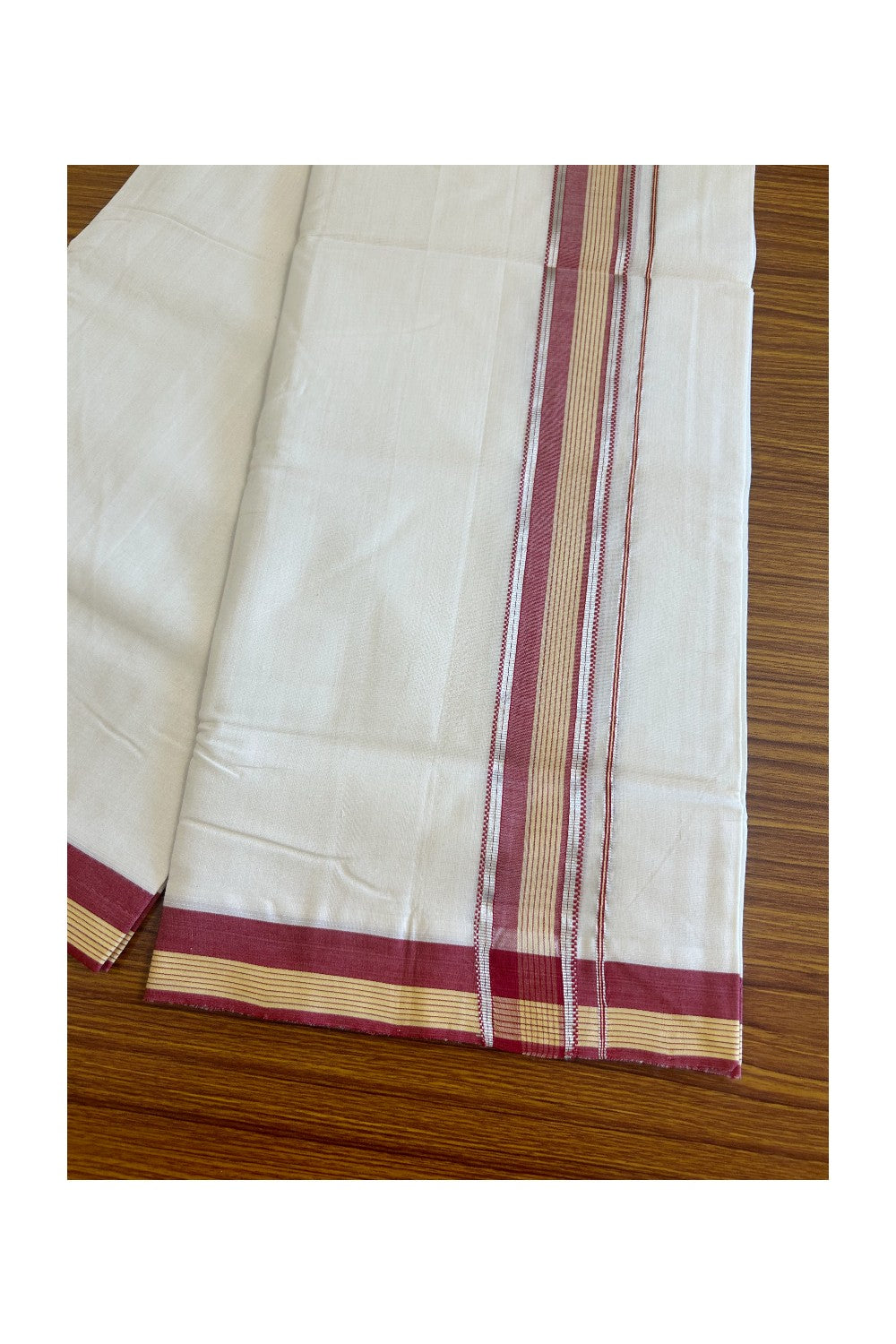 25% Discount KaithariKada HANDLOOM Unakkupaav Balaramapuram - 100% PURE Cotton OFF WHITE Double - (Unbleached) Mundu/Dhoti - 2 inch Red +Yellow Stripes & Silver kasavu - 8KK506RAM