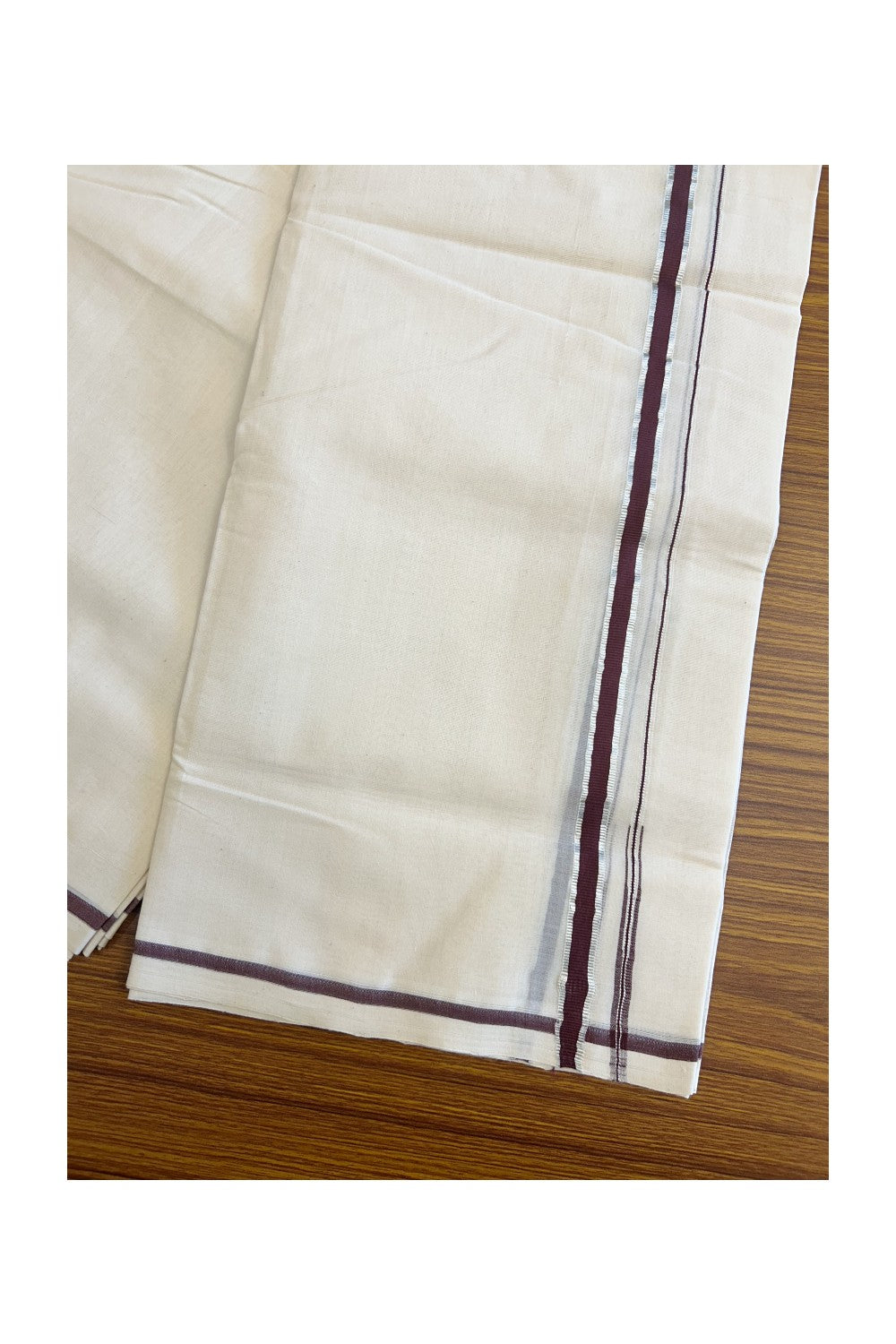 18% DISCOUNT!! KaithariKada HANDLOOM Millpaav Balaramapuram - 100% PURE Cotton Off White (Unbleached) - 100x100 Double Mundu/Dhoti - Puliyilakkara Chutty Silver Kasavu Brown Kara - 9KK114ASH