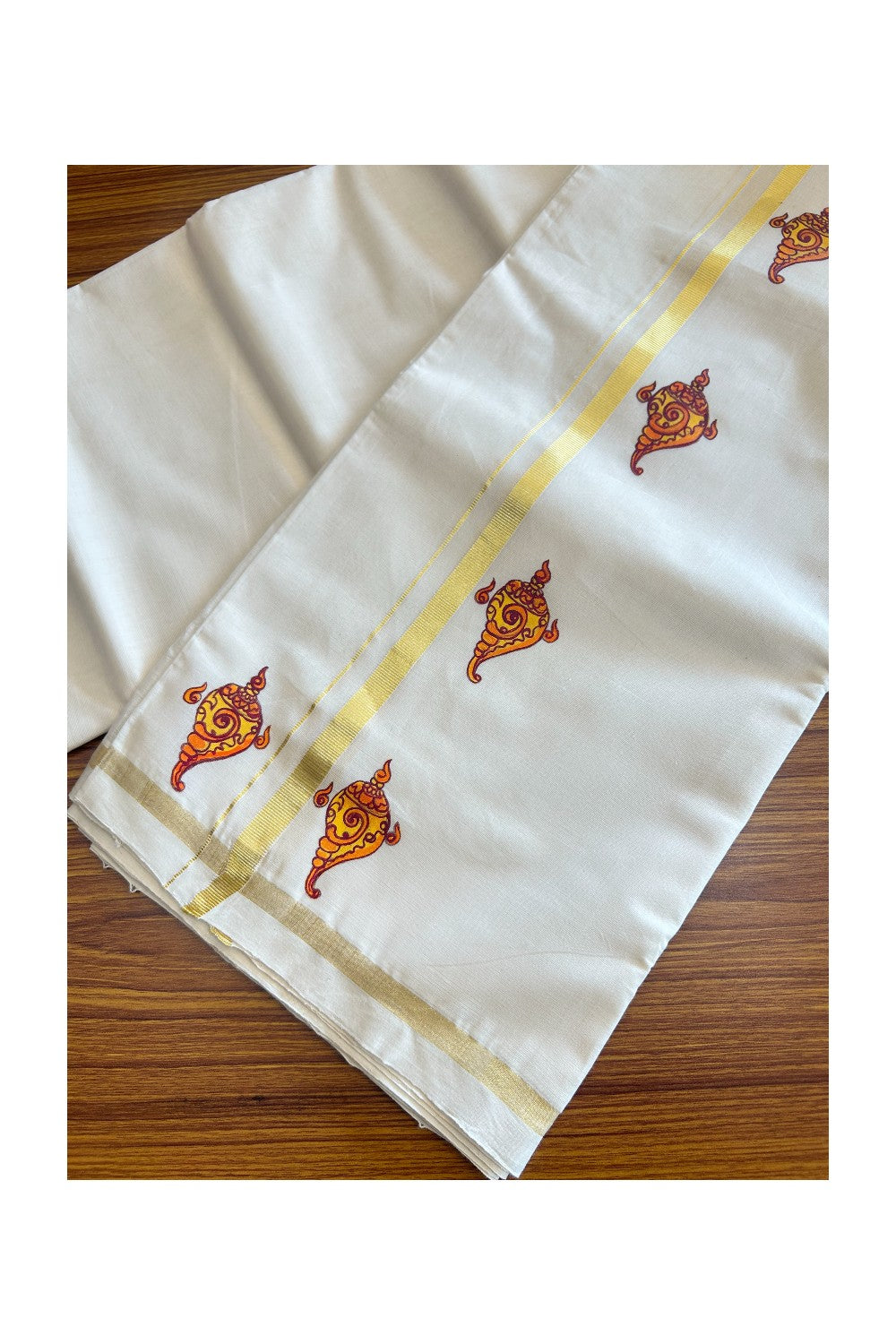 25% Discount!! KaithariKada HANDLOOM Millpaav Balaramapuram - 100% PURE Cotton OFF White - (Unbleached) Double Mundu/Dothi - 1 inch Kasavu kara Hand Painted Shankh Design - 8KK5091RAM