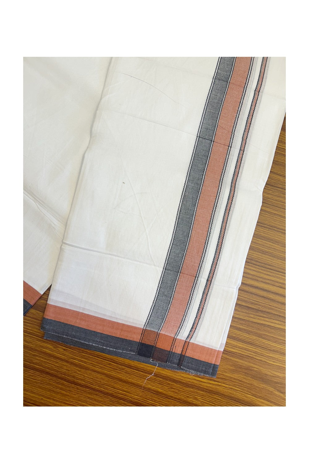 28% Discount! KaithariKada Balaramapuram 100% Cotton Pure White Double Mundu/Dhoti - 100x80 - 1.75 inch Orange & Black shaded designer kara - 8KK5134THI
