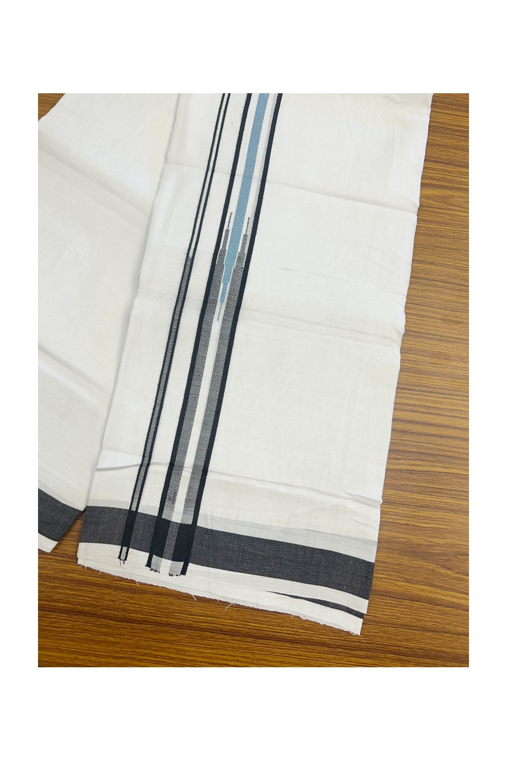 25% DISCOUNT! KaithariKada Balaramapuram 100% Mercerised Cotton Double ULTRA PURE white Mundu/Dhoti - 120x120 - 1.25 inch Heavy Chutty Black & Light Blue Shaded Kara - 8KK5139THI