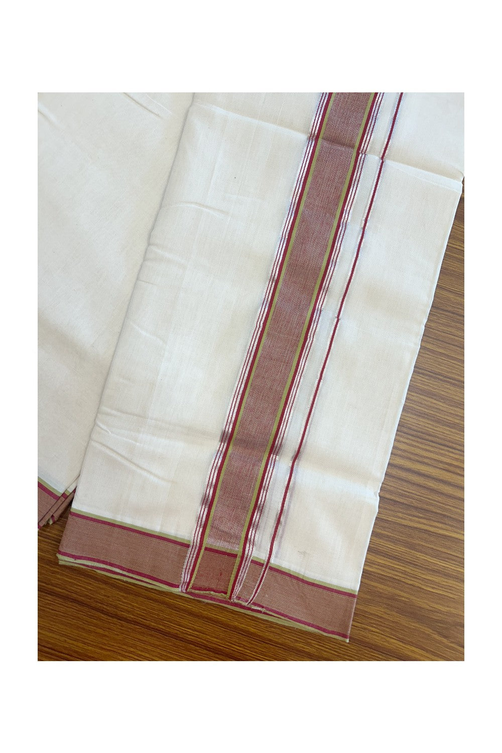 25% DISCOUNT! KaithariKada BALARAMAPURAM HANDLOOM UNAKKUPAAV - 100% PURE Cotton Off white (Unbleached) Double Mundu/Dhoti - 2 inch Silver Kasavu & Green Deep Red Striped Kara (8 Muzham) - 22KK5161SOM
