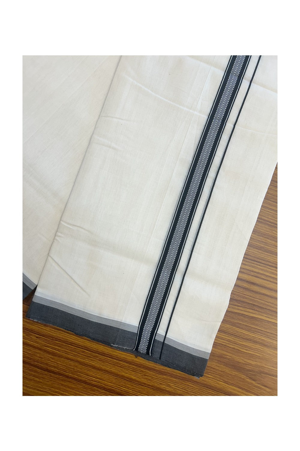 25% DISCOUNT!! KaithariKada HANDLOOM UNAKKUPAAV Balaramapuram - 100% PURE Cotton OFF White - (Unbleached) Double Mundu/Dothi - 80x100 - 1 inch Black & White pattern kara 3.80 meter (8.5 Muzham) - 16KK5167REA