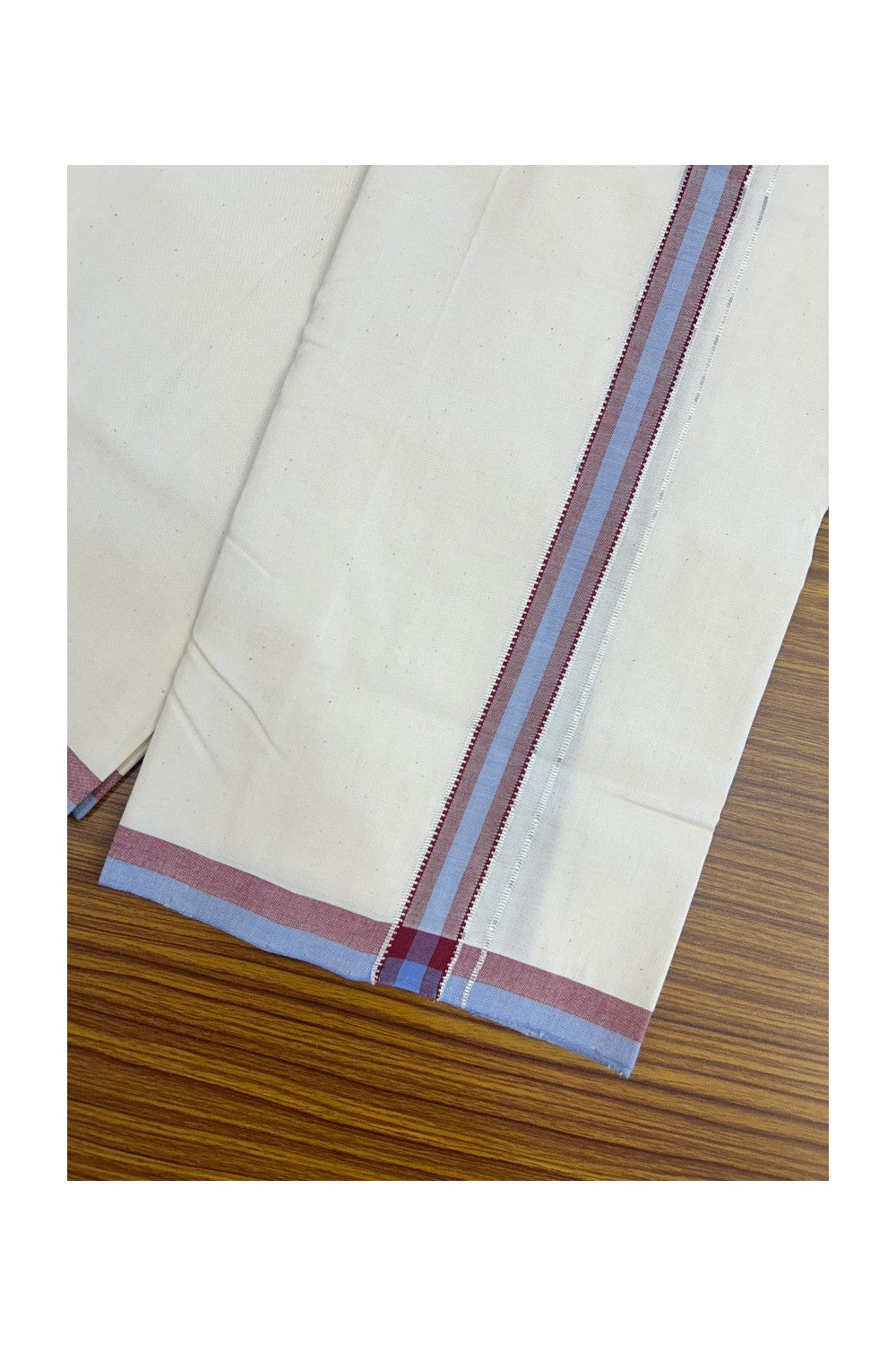 25%DISCOUNT!! SIGNATURE KAITHARIKADA EXCLUSIVE SINGLE DHOTI - 100% Cotton Balaramapuram HANDLOOM Single Mundu/Dhoti - Off White - (Unbleached) 1.25 inch Maroon Lavender & Silver Kasavu Kara (2 meter / 4 muzham)- 8KK5173KAI