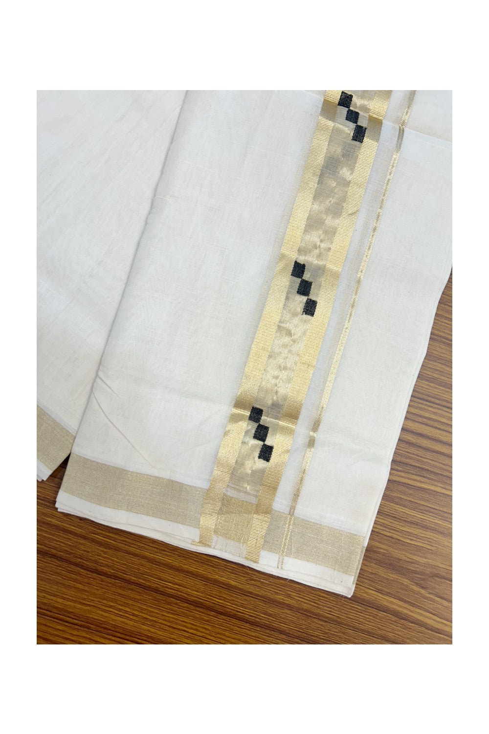 25% Discount ! KaithariKada Handloom Unakkupaav Balaramapuram - 100% Pure Cotton Off White - (Unbleached) Double Mundu/Dhoti - 100x100 - 2 inch Gold Kasav Center tissue & Black Designer Kara - 8KK5176ABH