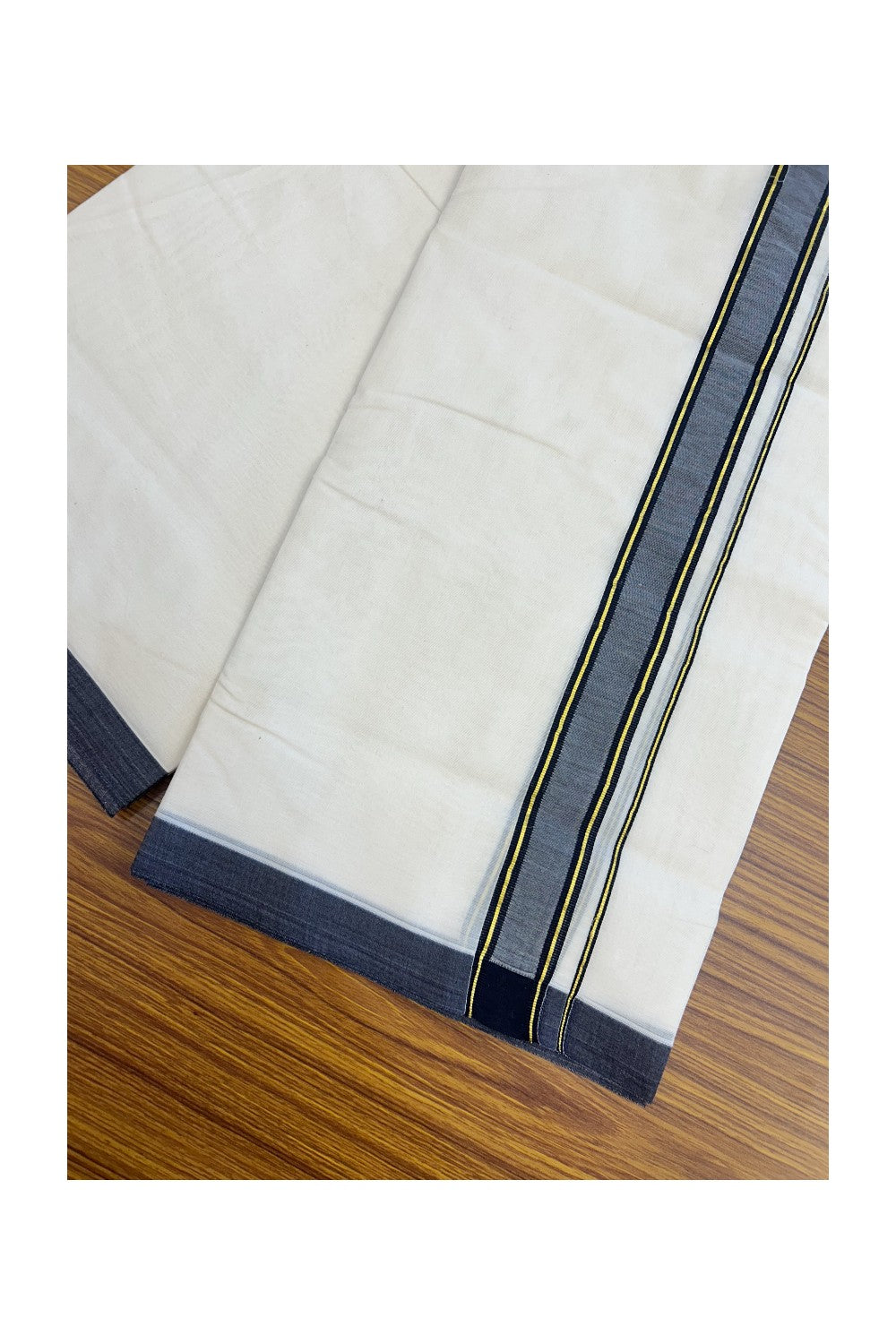 SHORT DHOTI SPECIAL! Kaitharikada.com 30% DISCOUNT! KaithariKada Balaramapuram 100% Cotton Off white (Unbleached) Double Mundu/Dhoti-100x100 - 1.5 inch Kara & 46 inches Height Navy Blue & Kasavu Striped Kara- 8KK5179ASH