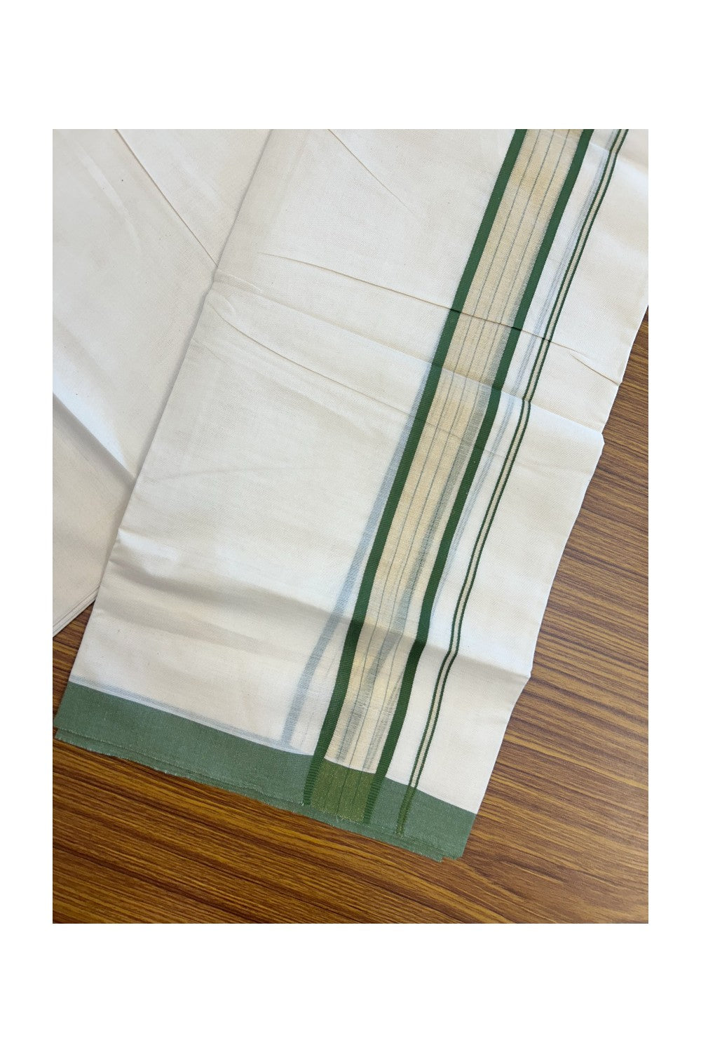 20% DISCOUNT! KaithariKada Balaramapuram Double OFF WHITE Mundu/Dhoti - 80x90 - 1.75 Inch Tissue Jungle Green striped Kara - 8KK5182VAS