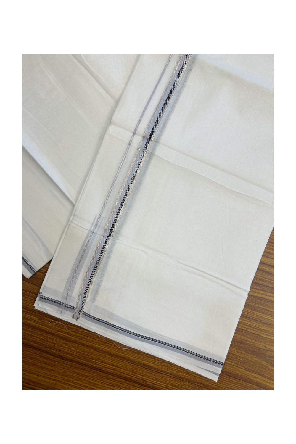 20% Discount !! Kaitharikada Balaramapuram 100% Cotton PURE WHITE DOUBLE Mundu/Dothi- 100X80 Thread - 0.5 inch - Silver Kasavu Black & Baby Blue Design Chutty Kara - 8KK5184RAMS