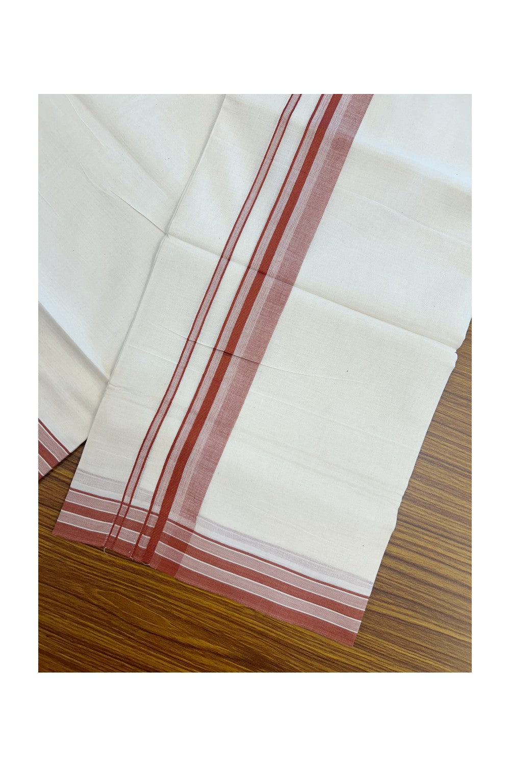 20% Discount ! Kaitharikada Balaramapuram 100% Cotton Double Off white (Unbleached) Mundu/Dhoti - 100x100 - 1.5 inch Brick Red shaded Stripes Kara - 8KK5186CKS