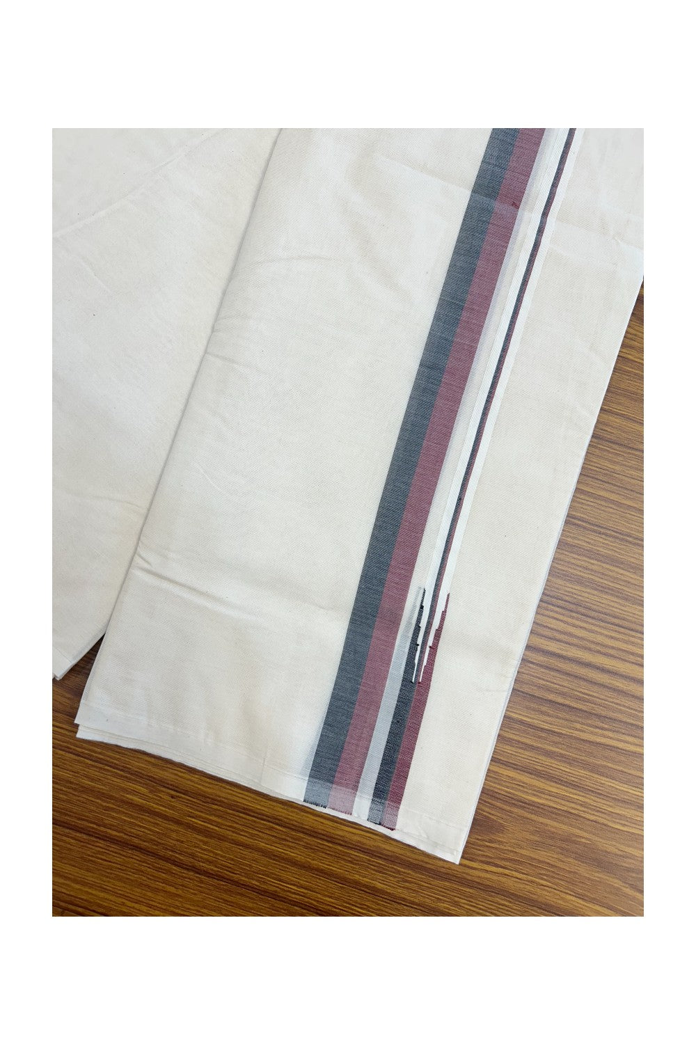 DMK Veshti - 19% DISCOUNT! KaithariKada 100% Cotton off white Double - (Unbleached) Mundu/Dhoti - 100X100 - 1.25 inch Puliyilakkara Black & Maroon Shaded Chutty kara 3.75m (8 muzham)- 8KK5187ASH
