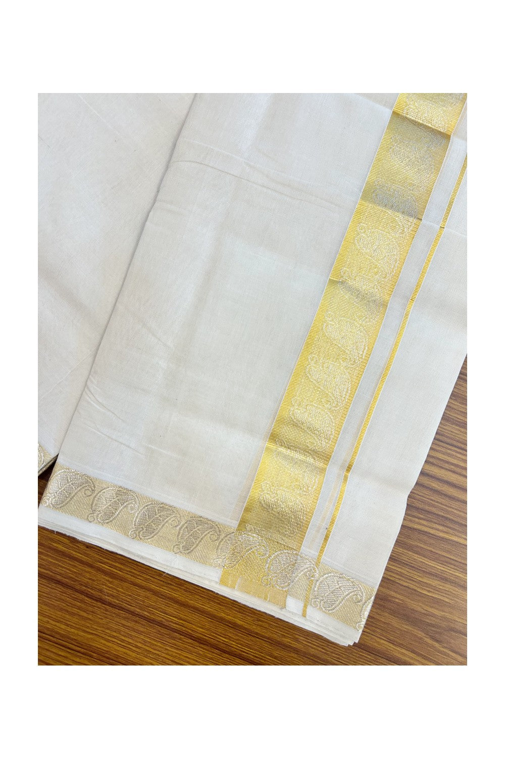 25% DISCOUNT ! KaithariKada HANDLOOM Unakkupaav Balaramapuram - 100% PURE Cotton Off White - (Unbleached) Double Mundu/Dhoti - 1.75 inch Gold Kasavu Jacquard Design Kara - 8KK5190ABH