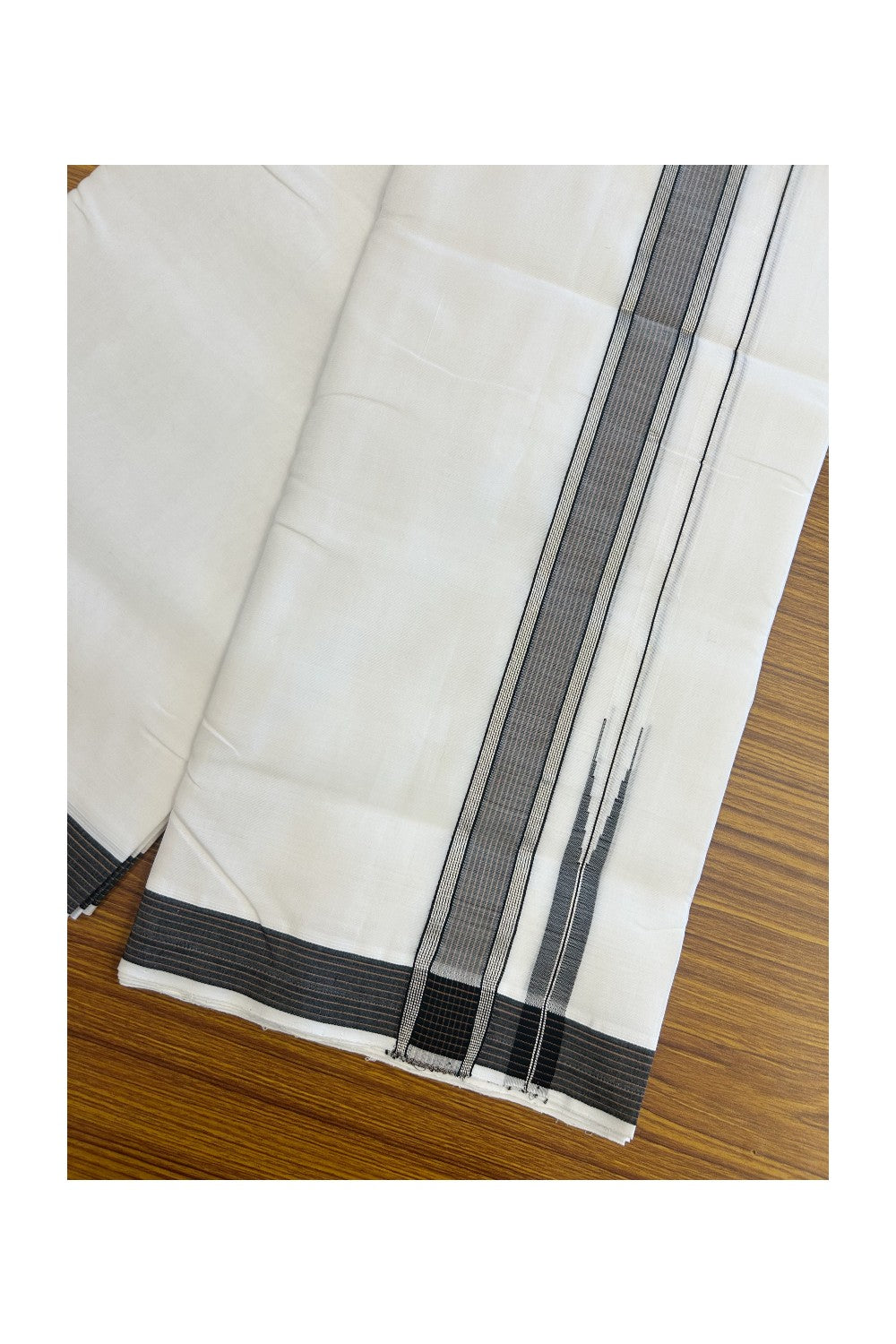 25% Discount!! NEW ULTRA PURE WHITE HANDLOOM Balaramapuram - 100% Mercerised Cotton Double Mundu/Dhoti - 120 twisted warp x 80s weft - 1.5 inch Puliyilakkara Silver Kasavu & Black Brown Striped Chutty Kara- 8KK5200REA