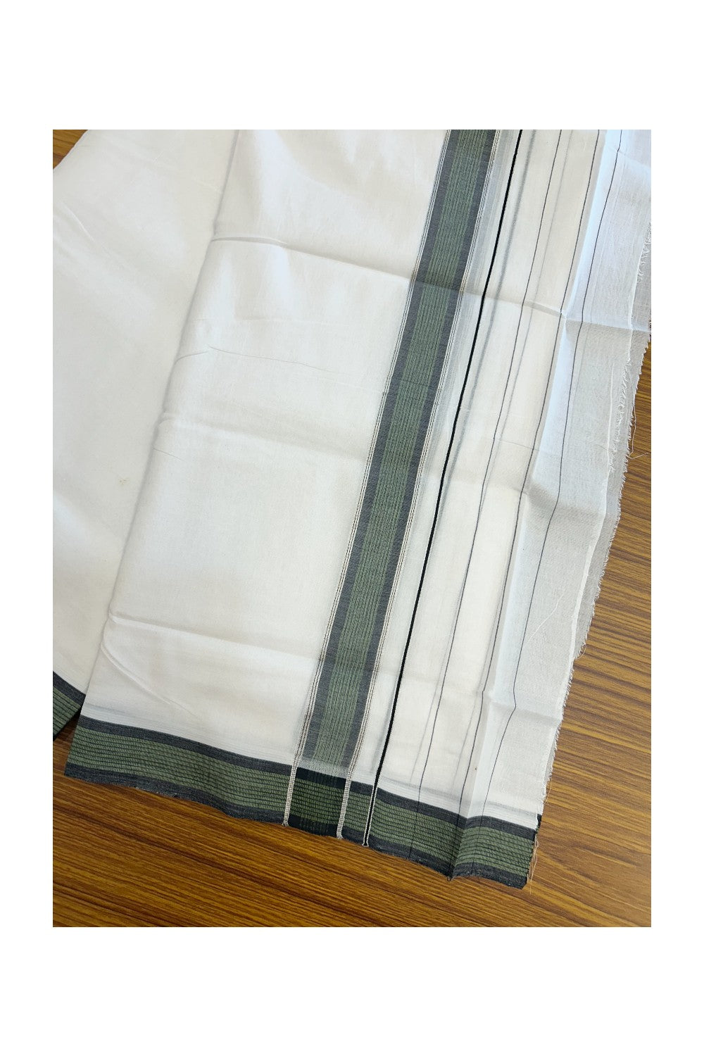 25% DISCOUNT ! KaithariKada HANDLOOM Unakkupaav Balaramapuram - 100% PURE Cotton Pure White Double Mundu/Dhoti -(80X100) - 6.5 inch Silver Kasavu & Black Green Shaded Striped Kara - 8KK5209 REA