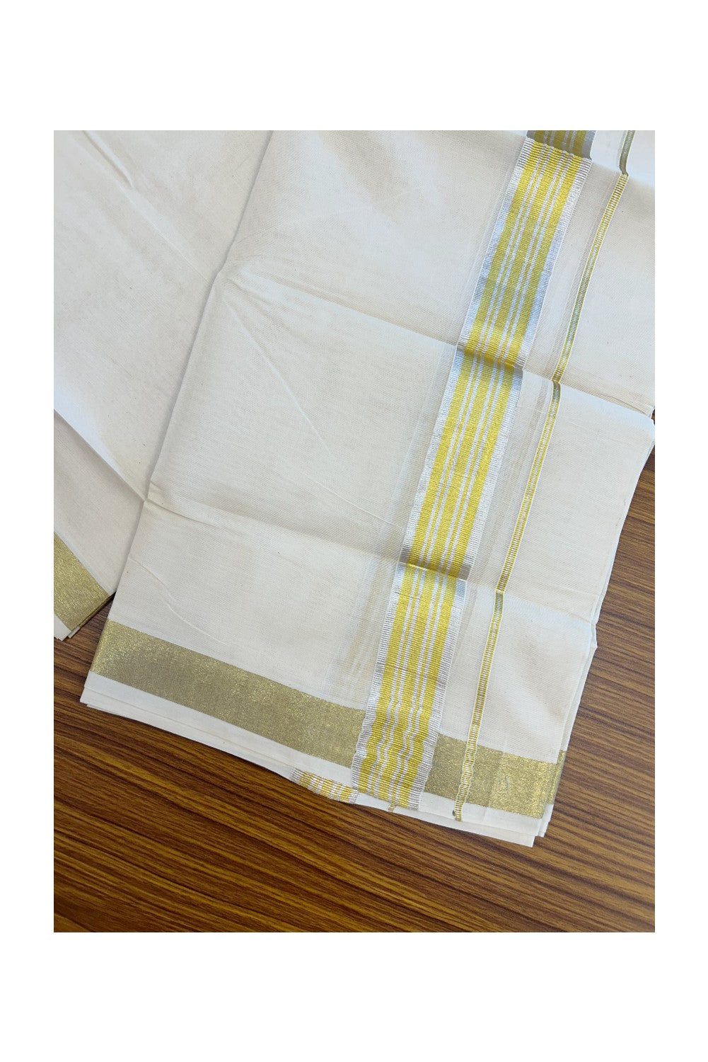 20% DISCOUNT ! KaithariKada Balaramapuram - 100% PURE Cotton Off White - (Unbleached) Double Mundu/Dhoti - 100X80 - 1.5 inch Gold Kasavu & Silver Kasavu Striped Kara - 8KK5212 VIN