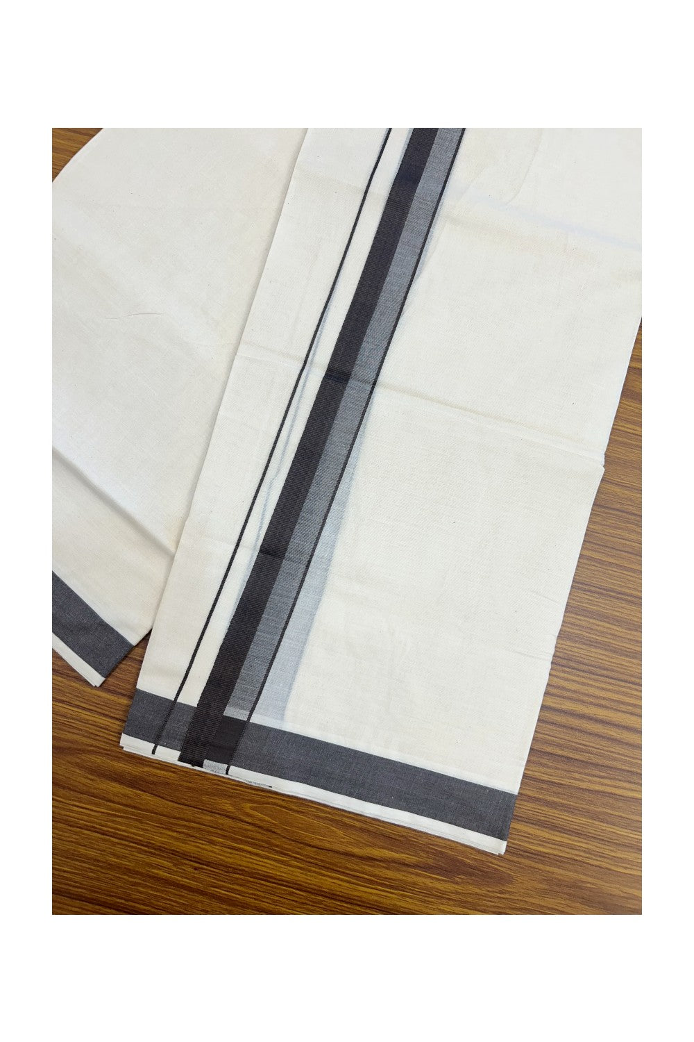 24% Discount ! KaithariKada Balaramapuram 100% Cotton Double OFF WHITE- (Unbleached) - Mundu / Dhoti- 100x80 - 1.5 inch Dark Brown Kara - 8KK5214 MC