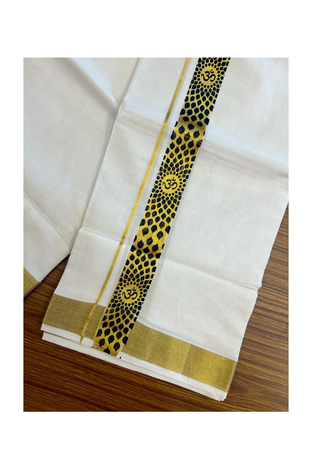 22% Discount!! KaithariKada Balaramapuram 100% Cotton DOUBLE OFF WHITE - (Ubleached) Mundu/Dhoti - 80x90 - 1.5 inch Gold Kasavu with Black Ohm Printed Design Kara - 8KK5219 GAN