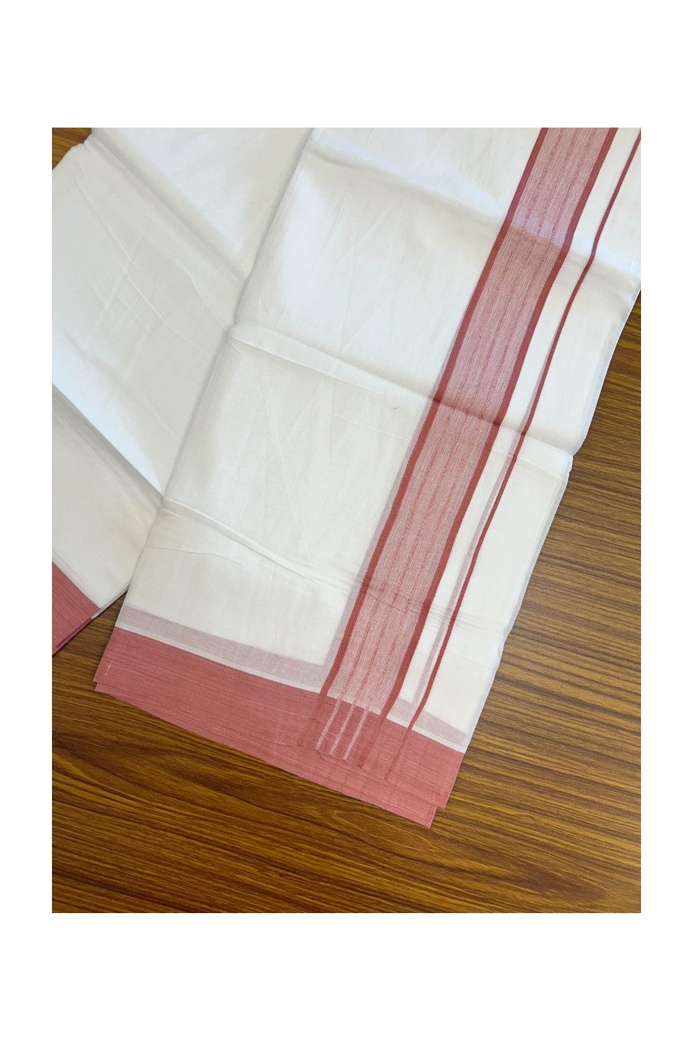 20% DISCOUNT!!! KaithariKada Balaramapuram 100% Cotton DOUBLE PURE WHITE Mundu/Dhoti - 100X80 - 1.75 Inch Pink Shaded Stripes kara 3.75 mtr (8 muzham) - 8KK5220 THI