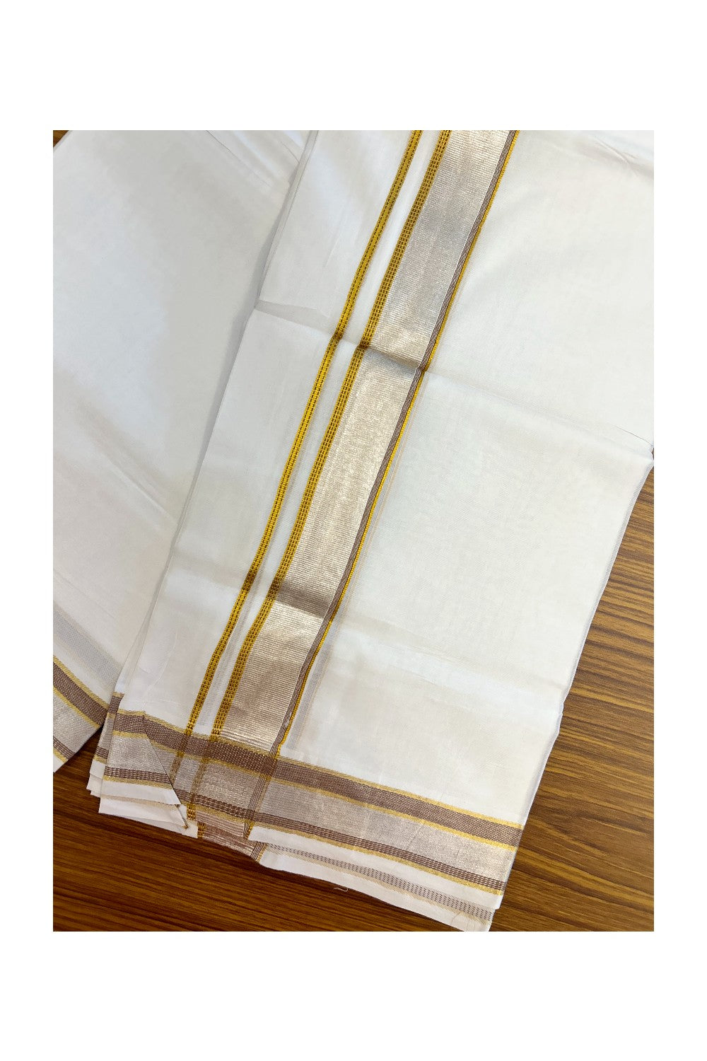 17% DISCOUNT! KaithariKada Balaramapuram 100% Cotton Double PURE WHITE Mundu/Dhoti - 100x100 - 1.5 inch Brown Silver Kasav & Gold Kasavu Stripes Kara - 8KK5221 GAN