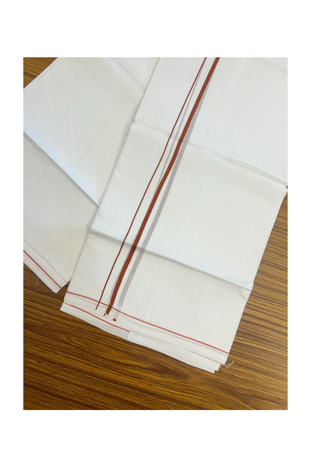 23% DISCOUNT! KaithariKada Balaramapuram 100% Cotton Double Pure white Mundu/Dhoti-( 60s ) - 0.25 inch Brick Brown Thin Kara - 3.88 mtr ( 8 muzham) - 8KK5227 PMC