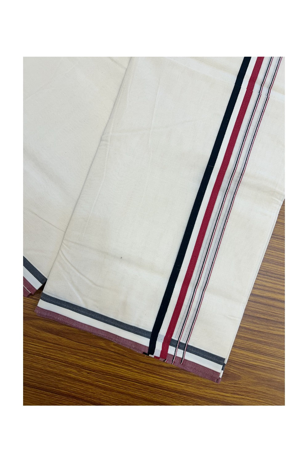 ADMK VESHTI - 20% DISCOUNT! KaithariKada 100% Cotton off white Double - (Unbleached) Mundu/Dhoti - 100X100 - 1 inch Black White & Maroon Red kara - 8KK5228 ASH