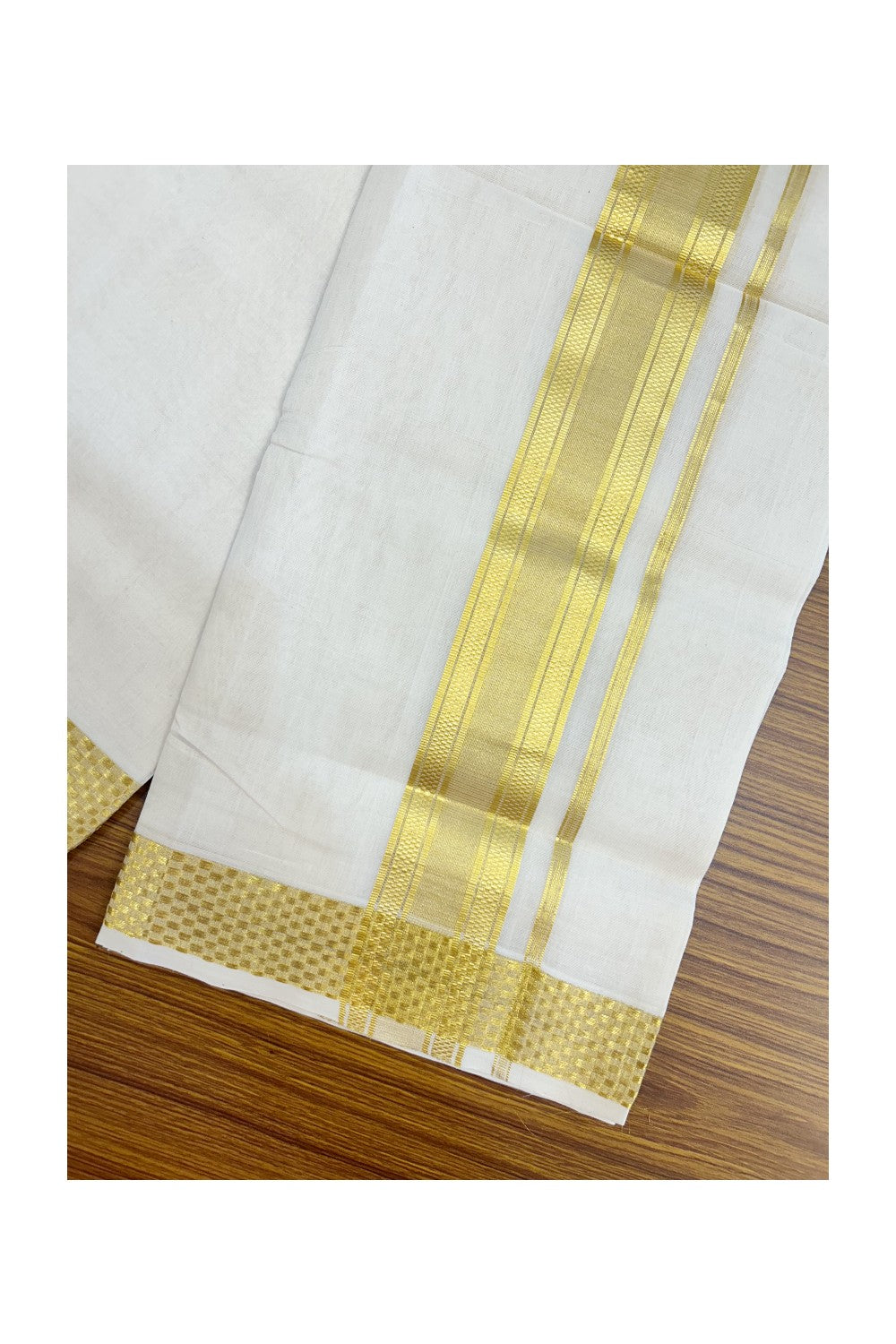 25% DISCOUNT ! KaithariKada HANDLOOM Unakkupaav Balaramapuram - 100% PURE Cotton OFF WHITE - (Unbleached) Double Mundu/Dhoti - 80x90 - 2.25 inch Gold Kasavu Jacquard Design Kara 4 mtr (8.5 Muzham) - 7KK5231 ABH