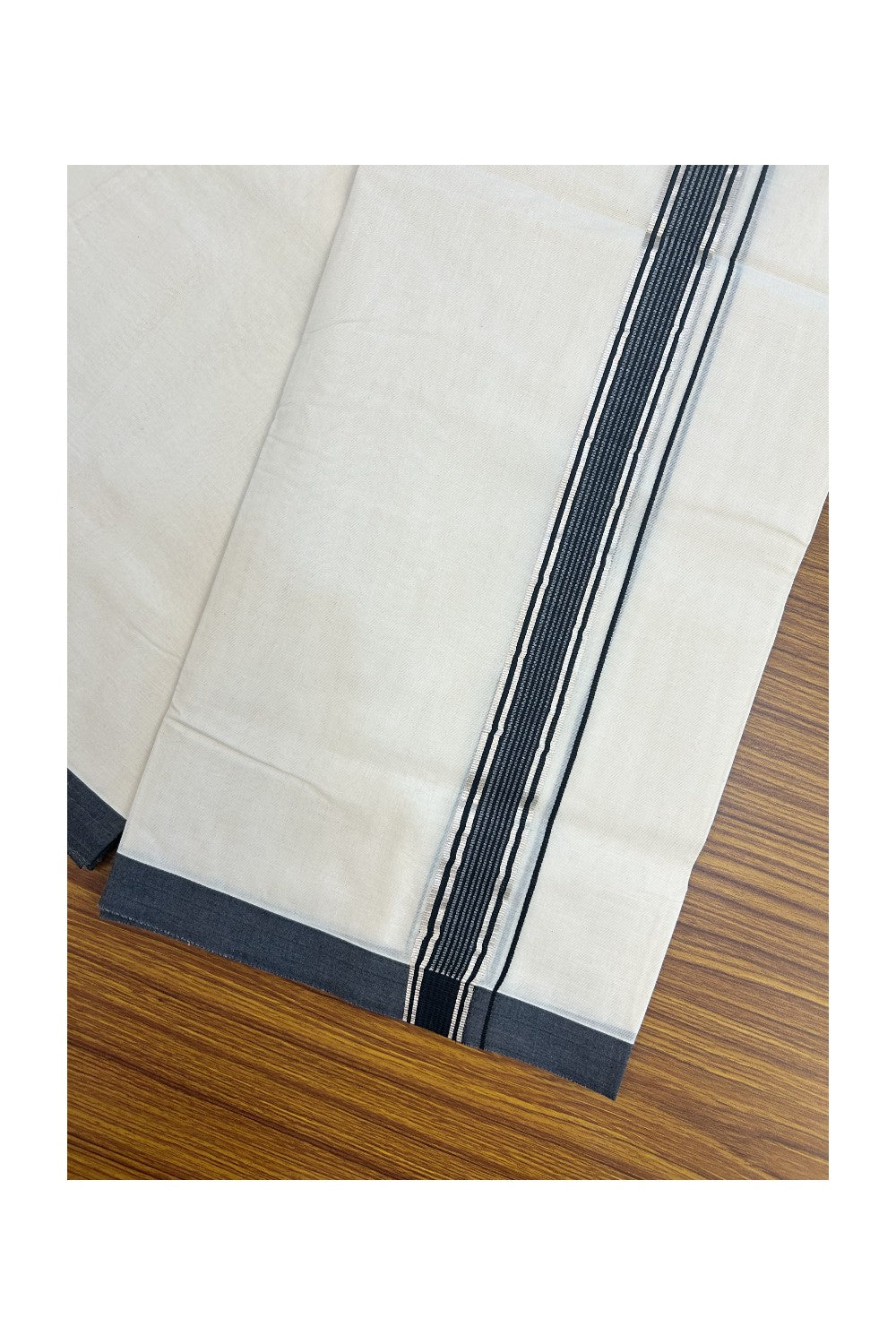 20% Discount KaithariKada Balaramapuram 100% Cotton Double Off white - (Unbleached) - Mundu/Dhoti - 100x100 - 1.25 inch Silver Kasav & Black Striped Kara - 4mtr (8.5 muzham)- 9KK5238 ASH