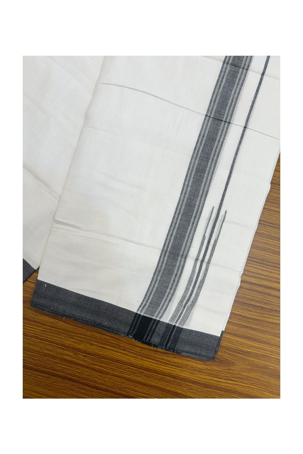 20% Discount!!! KaithariKada Balaramapuram Double PURE WHITE Mundu/Dhoti - (80s) - 1.25 inch puliyilakkara Black Shaded Striped chutty Kara - 3.82 mtr ( 8 muzham)- 8KK5239 GAN