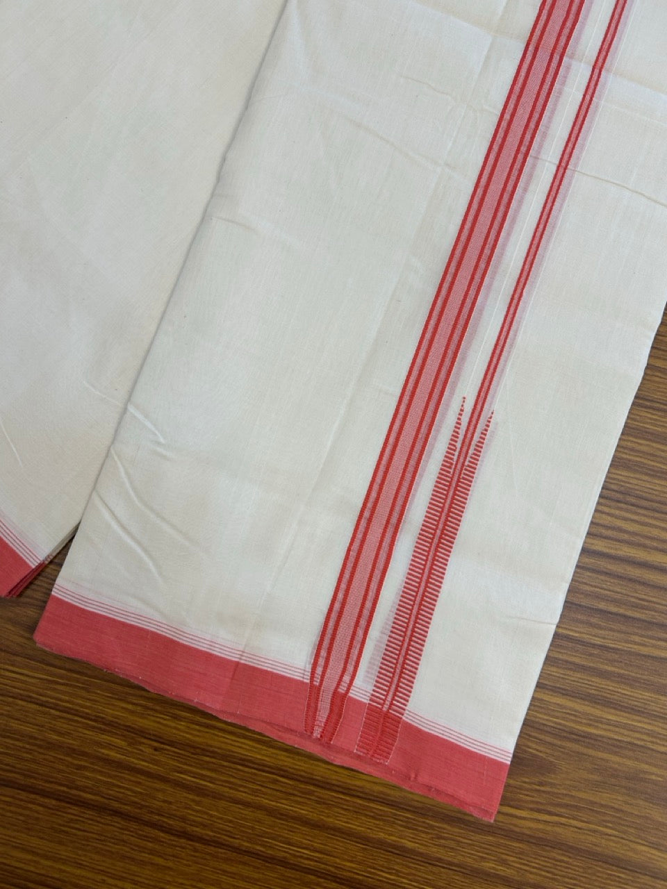 25% DISCOUNT!! KaithariKada HANDLOOM UNAKKUPAAV Balaramapuram - 100% PURE Cotton OFF White - (Unbleached) Double Mundu/Dothi - 100 x 80 - 0.75 inch Pink Red Chutty Kara 3.85 meter (8.5 mulam) - 8 KK5249 REA