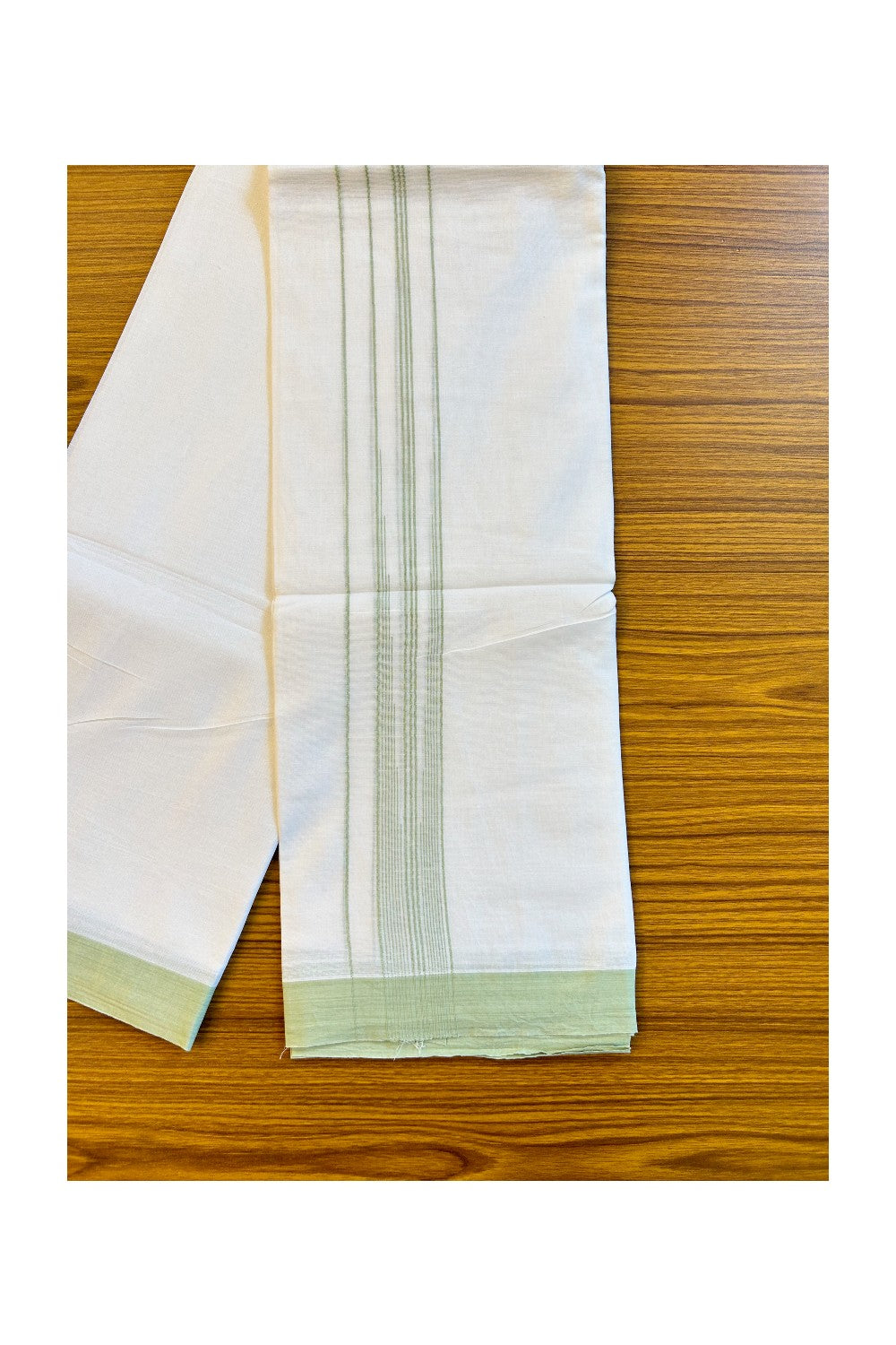 22% Discount!! Kaitharikada Balaramapuram 100% Cotton Pure White  Double Mundu/Dothi-100x100  2 Inch Light Green Striped Cotton Kara 3.80m (8 Muzham) - 8KK74RAM