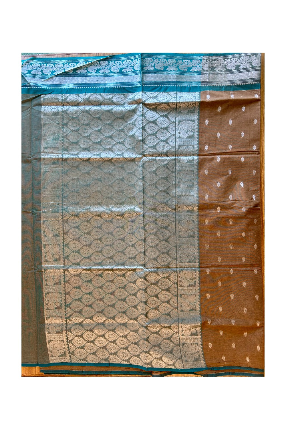 KaithariKada- Balaramapuram Saree - 100% PURE Cotton Silk -Brown & Peacock Blue, Peacock Design -8KK1005PAN.