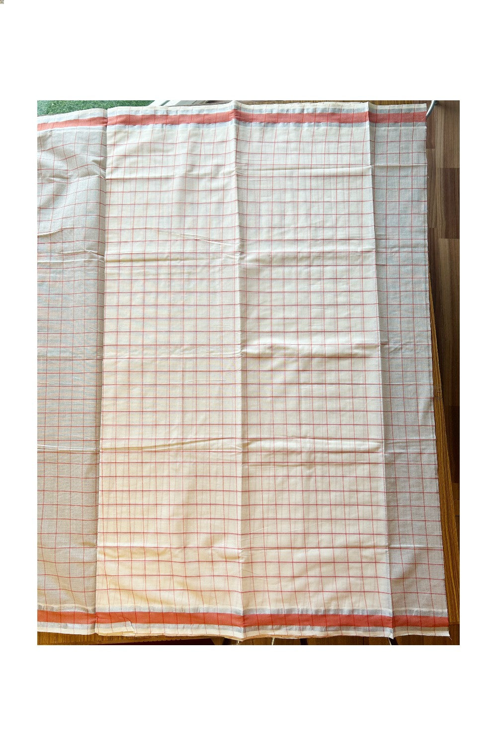 25% Discount! Kaitharikada Kerala Saree - Cotton - Silver Kasavu Brick Red Kara with check patterns- 8KK300VIN