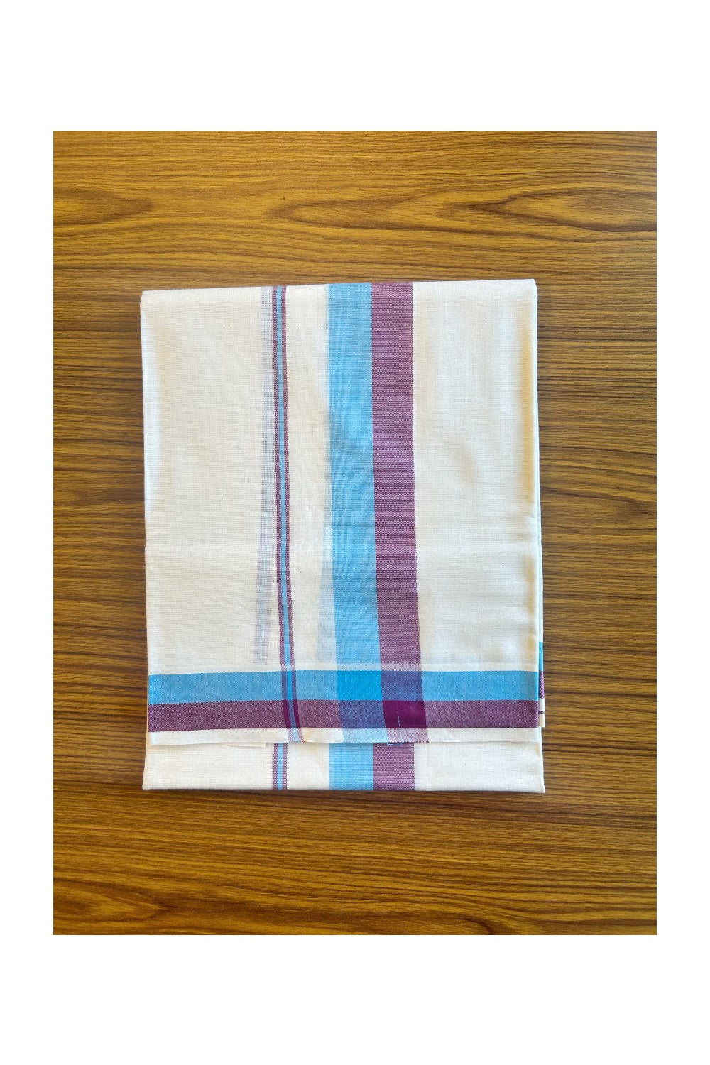 16% Discount!! KaithariKada - Kerala Cotton SINGLE SET MUND FOR WOMEN -  Light Blue & Maroon Stripes- 7KK459VIN