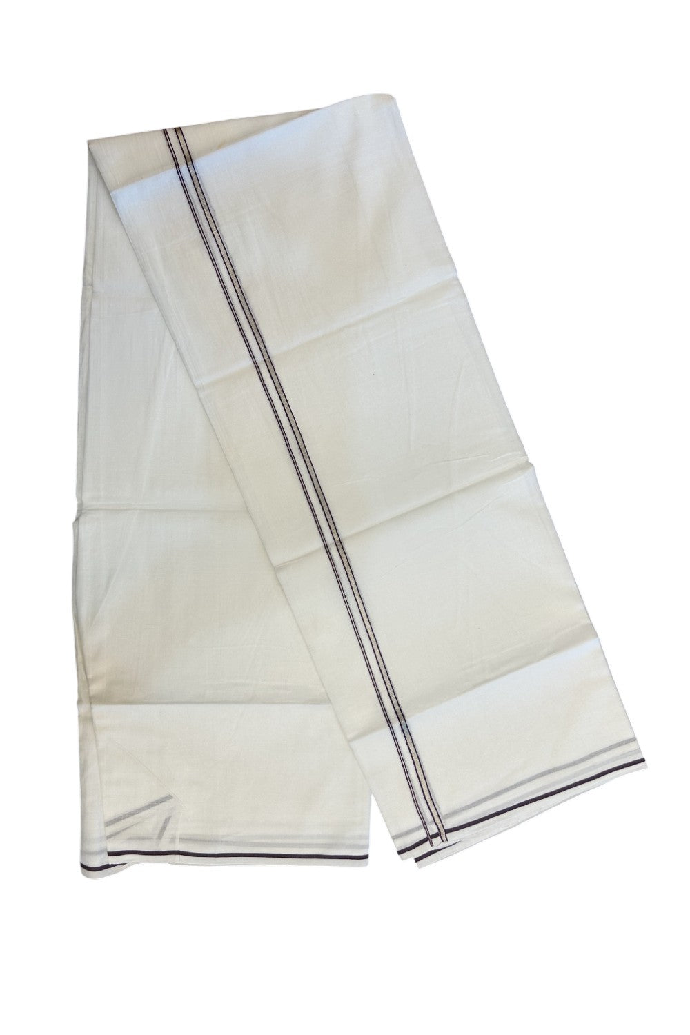 20% Discount ! Kaitharikada Balaramapuram 100% Cotton PURE WHITE Double Mundu/Dothi - 100x90 - 0.5 cm Wine Purple Silver Kasavu thin Kara - 80KK5217 CKS