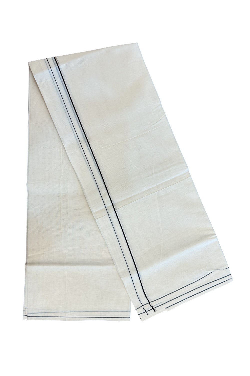 KaithariKada Balaramapuram 100% Cotton Double OFF WHITE (unbleached) Mundu/Dhoti- 60s - 0.5 cm Silver Kasavu & Black thin Kara 4 mtr (8.5 muzham) - 79KK5227 PMC