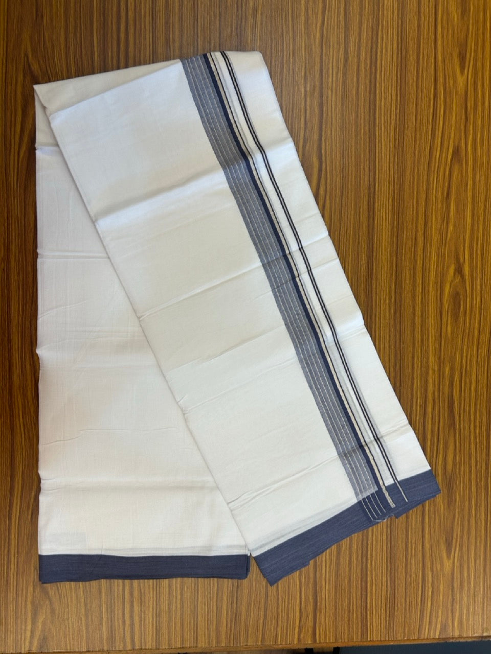 4.5 Meters (10 Muzham) - Pure white double 20% Discount ! KaithariKada Balaramapuram - 100% Pure Cotton 100x80 - Mundu/Dothi - 1.75 inch Navy Blue Silver Kasav Kara - 80 KK5258 THI