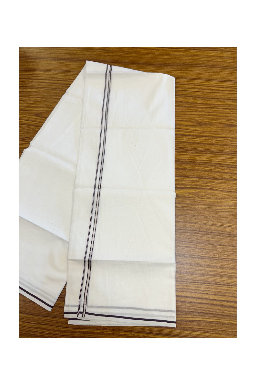 20% Discount ! Kaitharikada Balaramapuram 100% Cotton PURE WHITE Double Mundu/Dothi - 100x90 - 0.5 cm Wine Purple Silver Kasavu thin Kara - 80KK5217 CKS