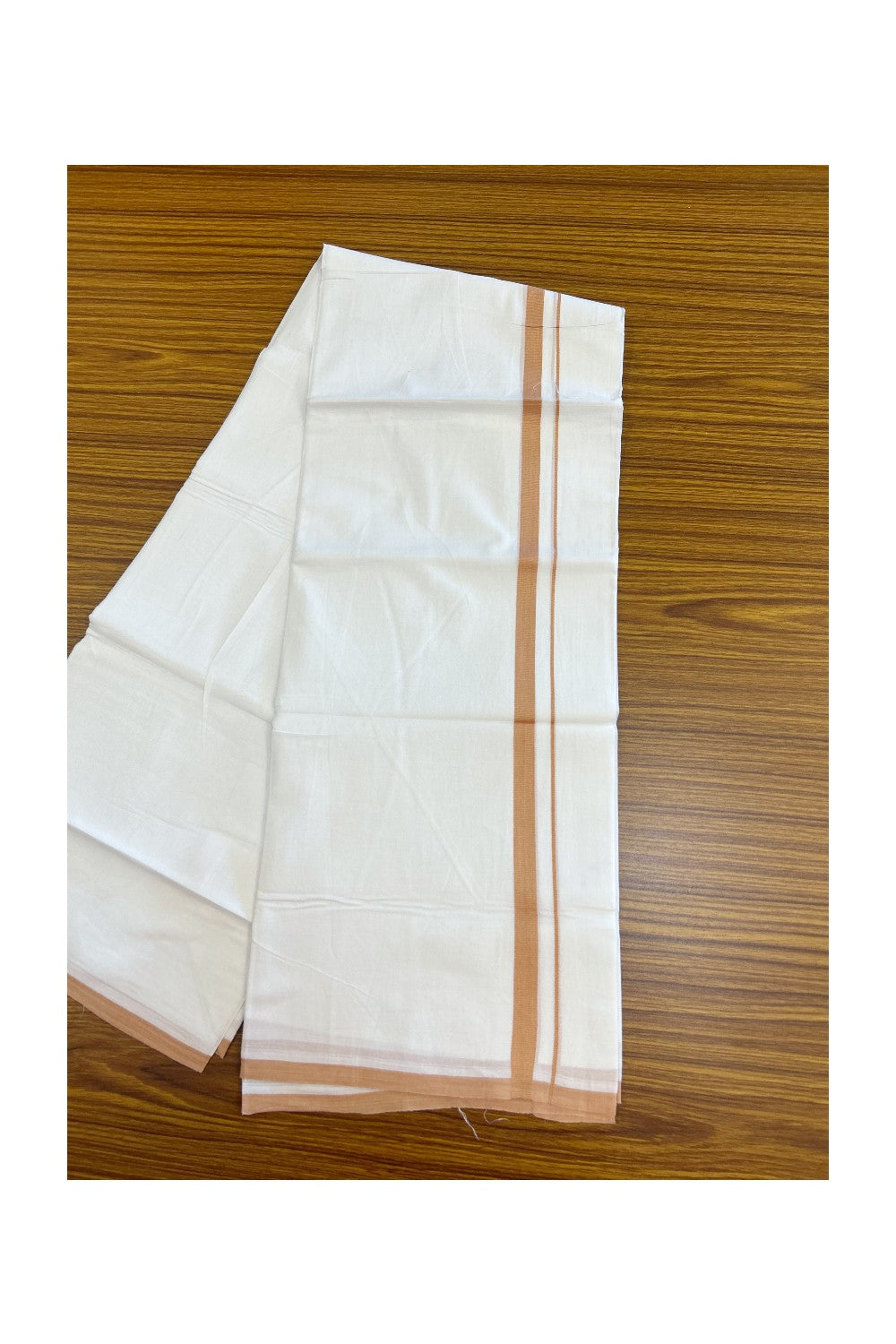 20% Discount ! Kaitharikada Balaramapuram 100% Cotton PURE WHITE Double Mundu/Dothi - 100x80 - 0.5 inch Peach Brown Kara 3.70 mtr (8 muzham) - 72KK5220 THI