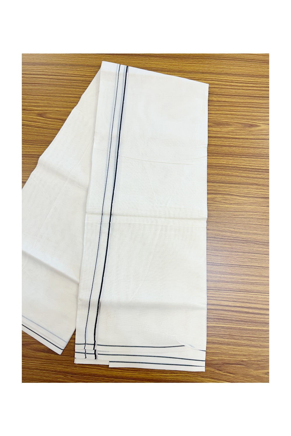 KaithariKada Balaramapuram 100% Cotton Double OFF WHITE (unbleached) Mundu/Dhoti- 60s - 0.5 cm Silver Kasavu & Black thin Kara 4 mtr (8.5 muzham) - 79KK5227 PMC