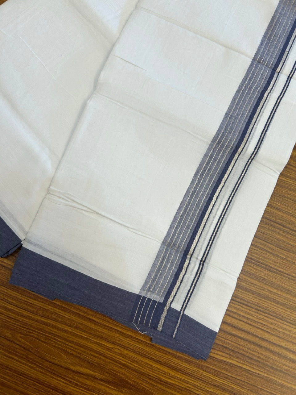 4.5 Meters (10 Muzham) - Pure white double 20% Discount ! KaithariKada Balaramapuram - 100% Pure Cotton 100x80 - Mundu/Dothi - 1.75 inch Navy Blue Silver Kasav Kara - 80 KK5258 THI