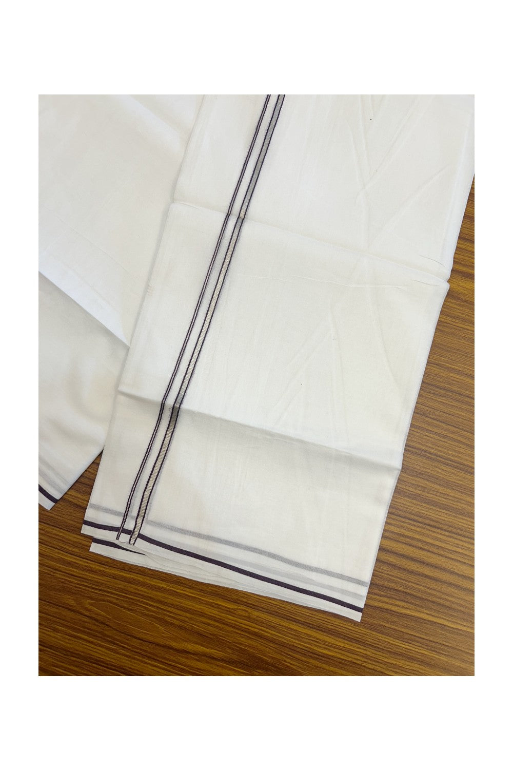 20% Discount ! Kaitharikada Balaramapuram 100% Cotton PURE WHITE Double Mundu/Dothi - 100x90 - 0.5 cm Wine Purple Silver Kasavu thin Kara - 80KK5217 CKS