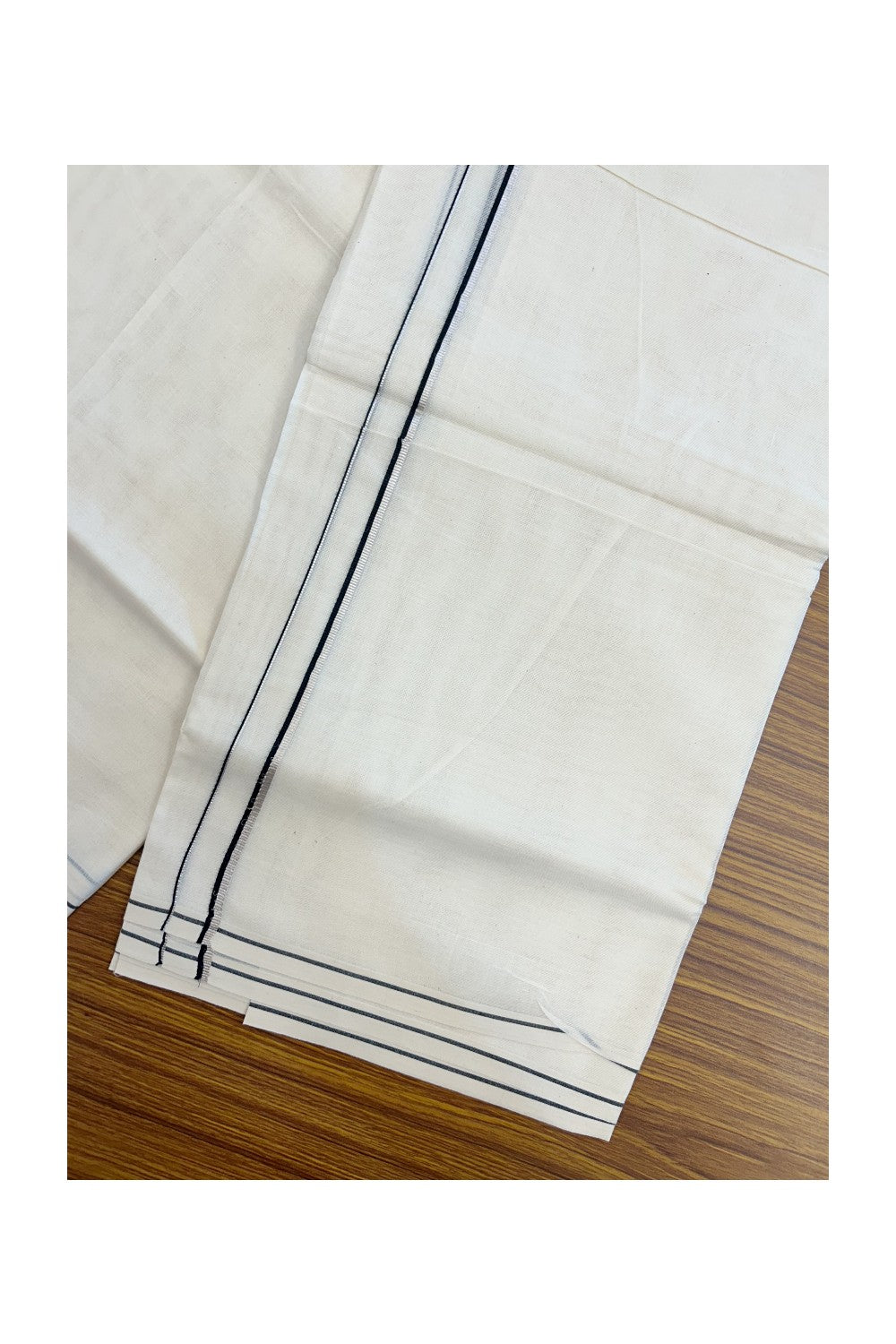 KaithariKada Balaramapuram 100% Cotton Double OFF WHITE (unbleached) Mundu/Dhoti- 60s - 0.5 cm Silver Kasavu & Black thin Kara 4 mtr (8.5 muzham) - 79KK5227 PMC