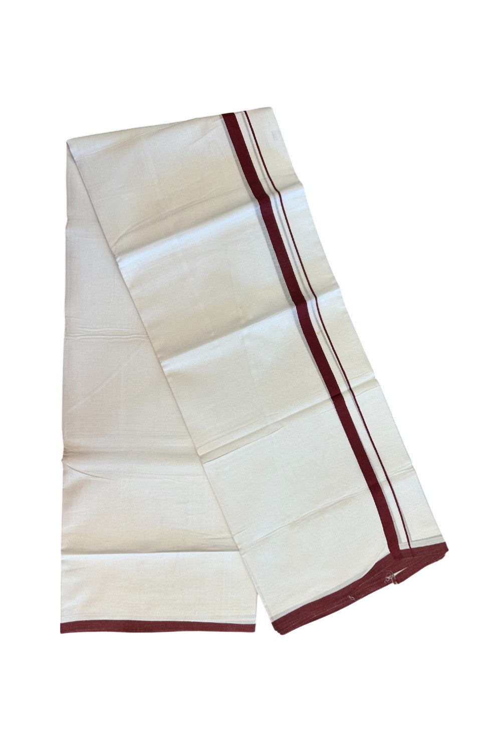 20% Discount ! Kaitharikada Balaramapuram 100% Cotton PURE WHITE Double Mundu/Dothi - 100x80 - 0.5 inch Maroon Kara 3.70 mtr (8 muzham) - 73KK5220 THI